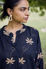 Load image into Gallery viewer, Sencei Women's Cotton Linen Co-Ord Set | Hand Embroidered Floral Top and Pant Set | Relaxed Fit Casual Wear (Black)