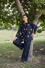 Load image into Gallery viewer, Sencei Women's Cotton Linen Co-Ord Set | Hand Embroidered Floral Top and Pant Set | Relaxed Fit Casual Wear (Black)