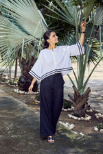 Load image into Gallery viewer, Sencei Women’s Cotton White Top with Stylish Black Trim – Casual Button-Down Blouse, Comfortable & Breathable