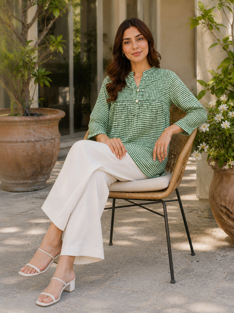 Green Checked Pure Cotton Top
