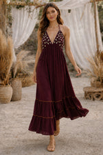 Load image into Gallery viewer, azara wine backless emb rayon dress