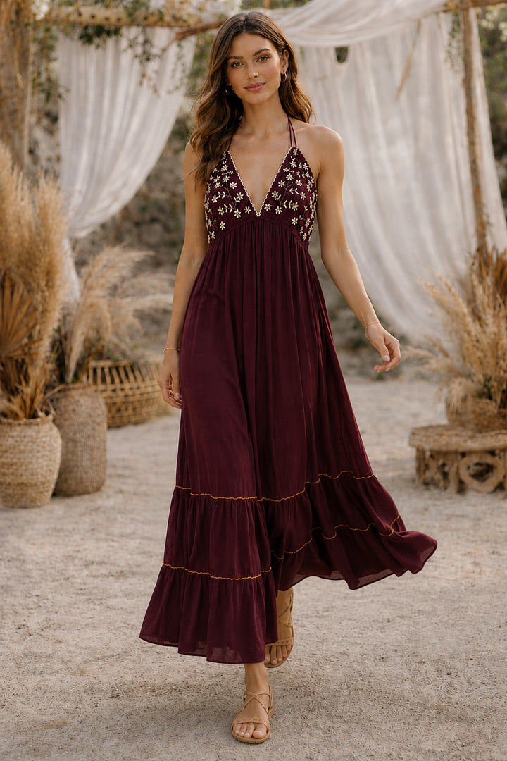 azara wine backless emb rayon dress