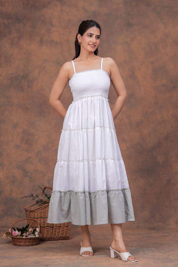 Sencei Women White & Grey Tiered Cotton Spaghetti-Strap Maxi Dress