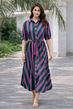 Load image into Gallery viewer, Purple And Green Striped Pure Cotton Midi Shirt Dress