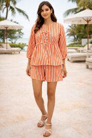 Orange Striped Cotton Short Co-Ord Set