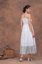 Load image into Gallery viewer, Sencei Women White &amp; Grey Tiered Cotton Spaghetti-Strap Maxi Dress
