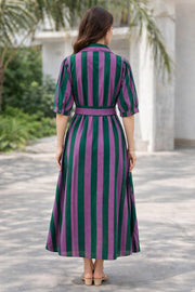 Purple And Green Striped Pure Cotton Midi Shirt Dress