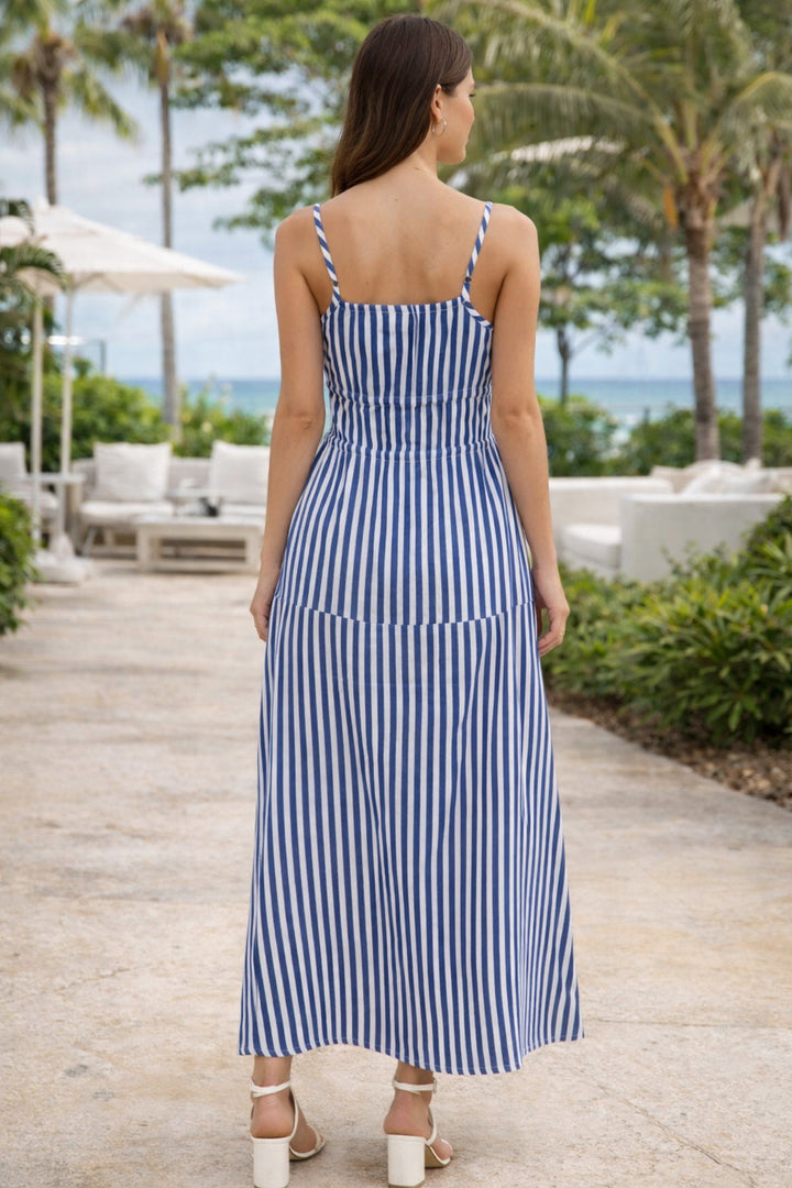 Blue Striped Cotton Tie-Up Maxi Dress