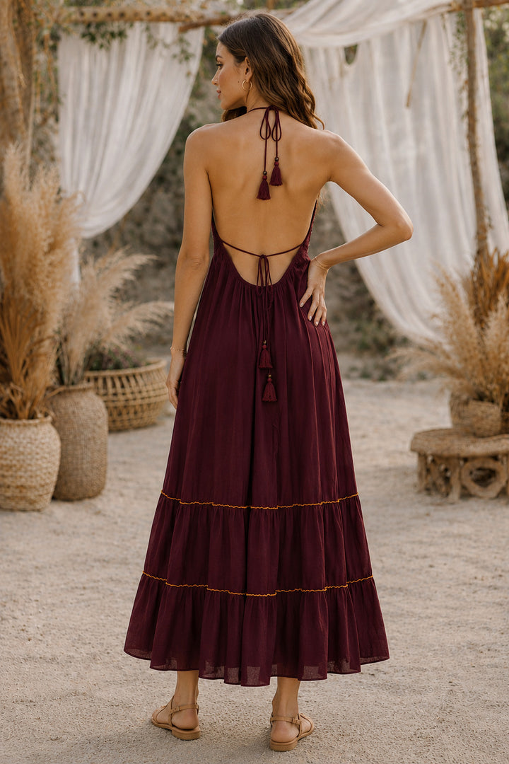 azara wine backless emb rayon dress
