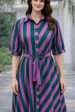 Load image into Gallery viewer, Purple And Green Striped Pure Cotton Midi Shirt Dress