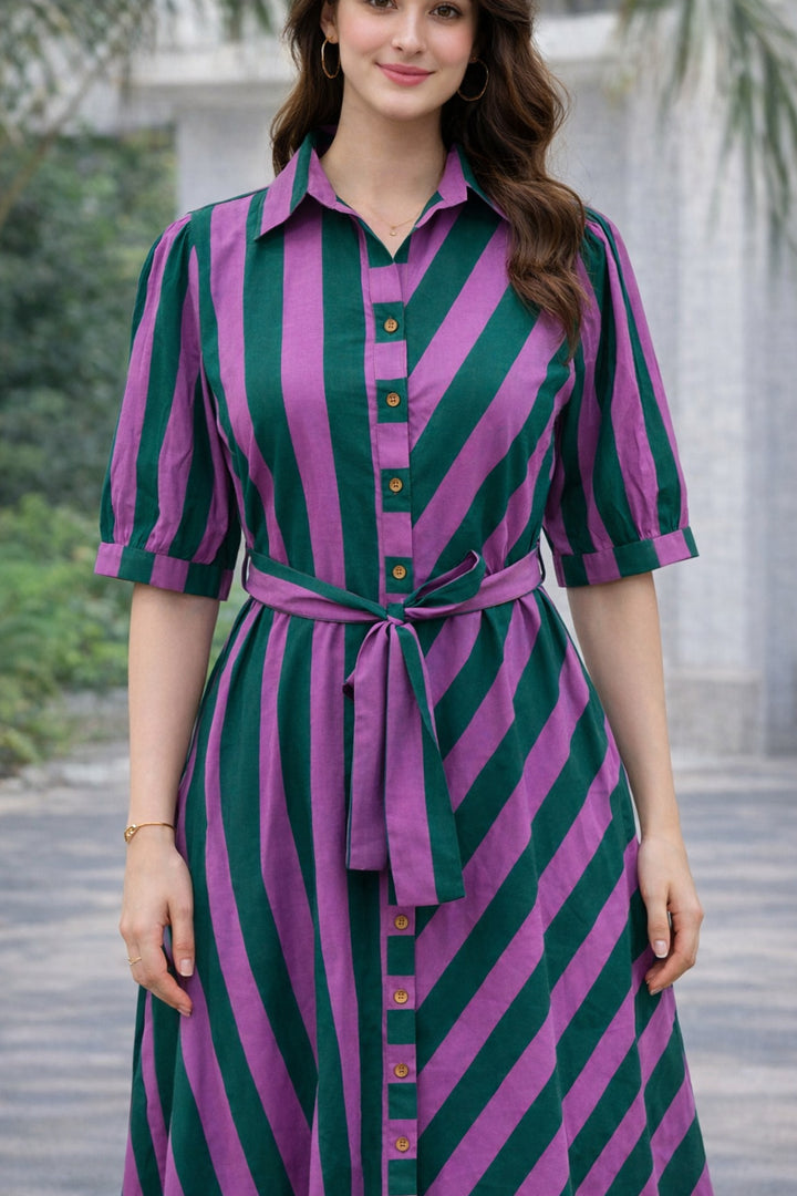 Purple And Green Striped Pure Cotton Midi Shirt Dress