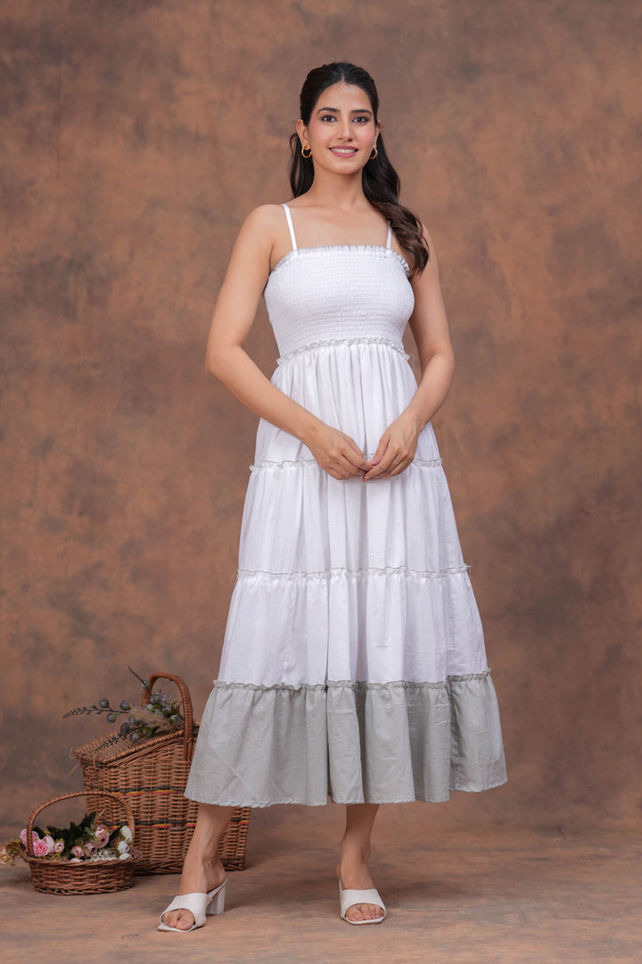 Sencei Women White & Grey Tiered Cotton Spaghetti-Strap Maxi Dress
