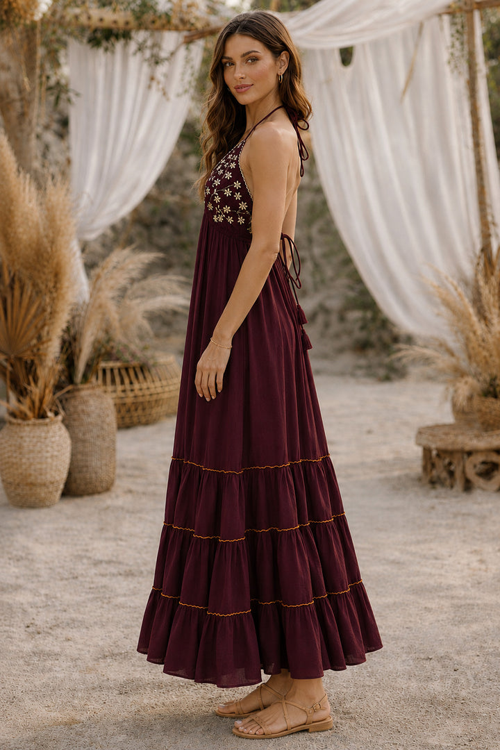 azara wine backless emb rayon dress