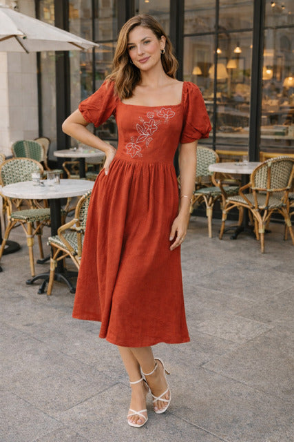 Sencei alora burnt orange emb flex dress
