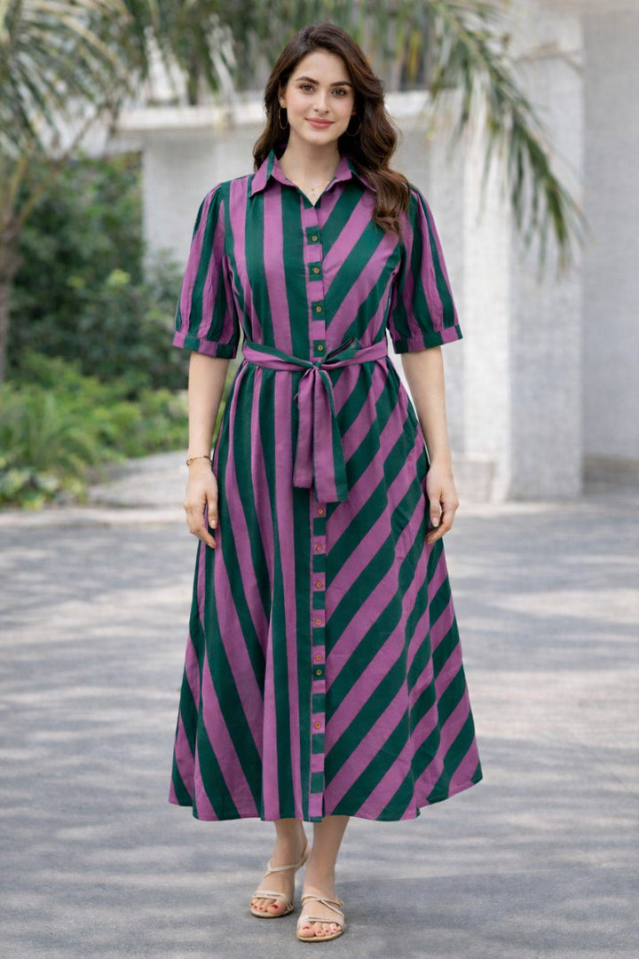 Purple And Green Striped Pure Cotton Midi Shirt Dress