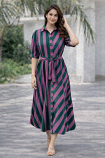 Load image into Gallery viewer, Purple And Green Striped Pure Cotton Midi Shirt Dress