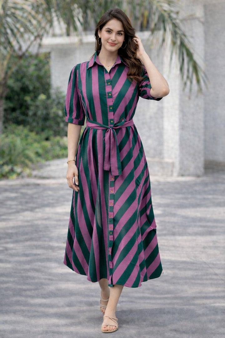 Purple And Green Striped Pure Cotton Midi Shirt Dress