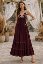 Load image into Gallery viewer, azara wine backless emb rayon dress