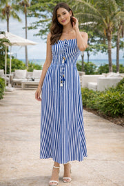 Blue Striped Cotton Tie-Up Maxi Dress