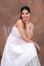 Load image into Gallery viewer, Sencei Women White &amp; Grey Tiered Cotton Spaghetti-Strap Maxi Dress
