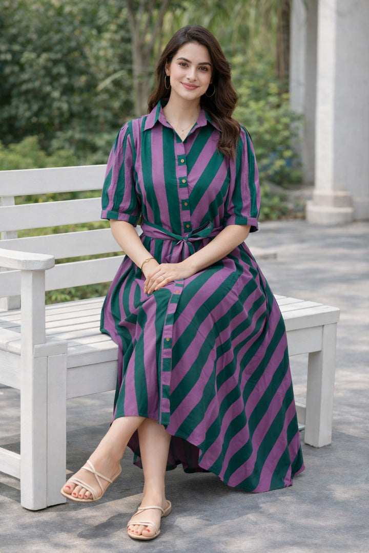 Purple And Green Striped Pure Cotton Midi Shirt Dress