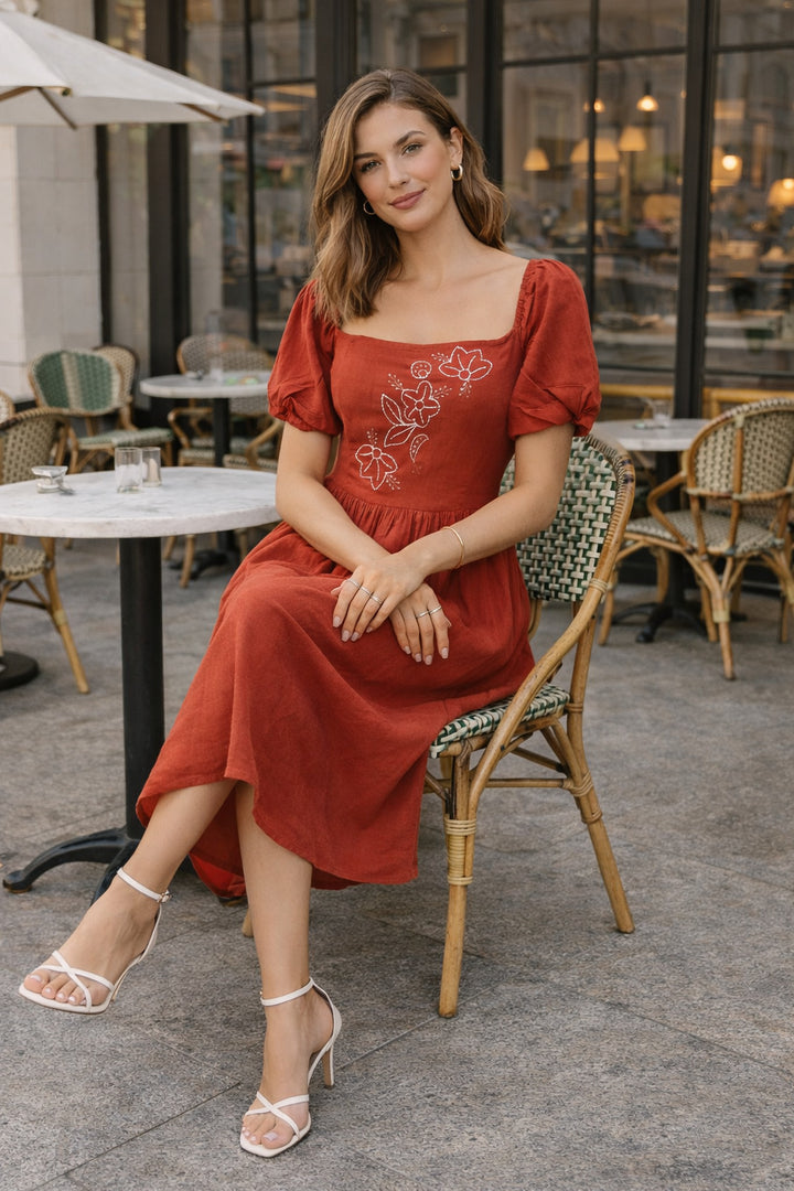 Sencei alora burnt orange emb flex dress