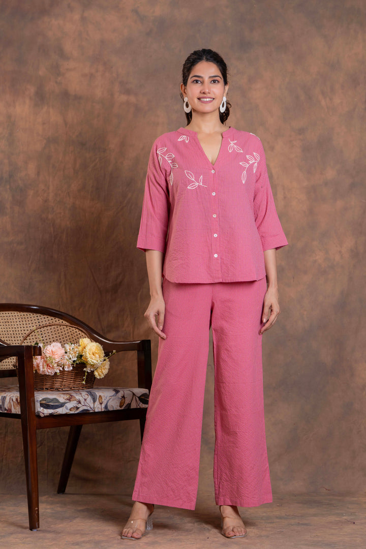 Sencei Women's Katha Cotton Co-ord Set with Hand Embroidery | Relaxed Fit Top & Bottom | Soft & Breathable Loungewear