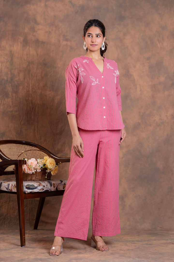 Sencei Women's Katha Cotton Co-ord Set with Hand Embroidery | Relaxed Fit Top & Bottom | Soft & Breathable Loungewear