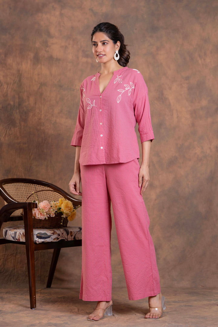 Sencei Women's Katha Cotton Co-ord Set with Hand Embroidery | Relaxed Fit Top & Bottom | Soft & Breathable Loungewear