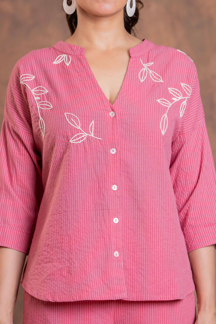 Sencei Women's Katha Cotton Co-ord Set with Hand Embroidery | Relaxed Fit Top & Bottom | Soft & Breathable Loungewear