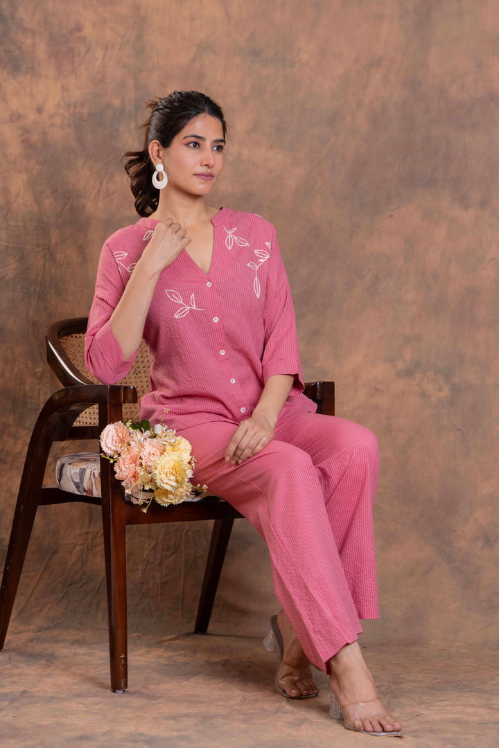 Sencei Women's Katha Cotton Co-ord Set with Hand Embroidery | Relaxed Fit Top & Bottom | Soft & Breathable Loungewear