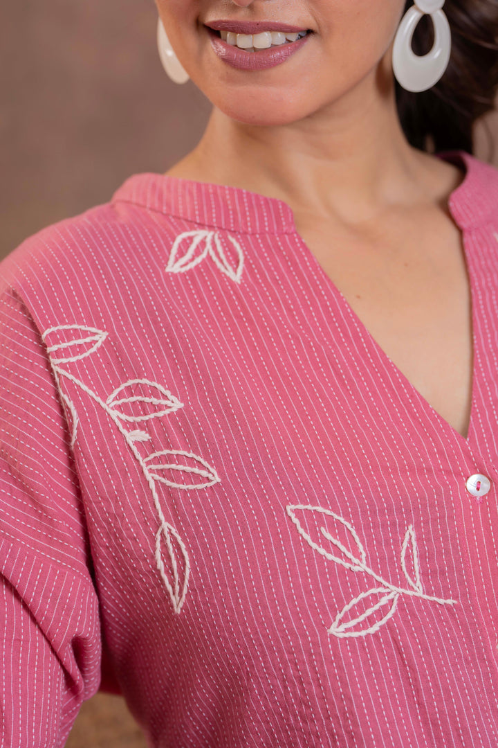 Sencei Women's Katha Cotton Co-ord Set with Hand Embroidery | Relaxed Fit Top & Bottom | Soft & Breathable Loungewear