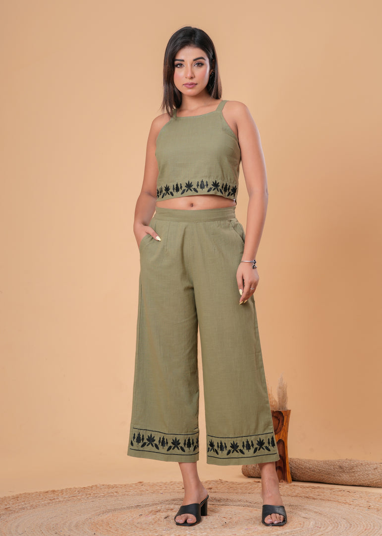 Sencei Olive Green Cotton Slub Embroidered Co-ord Set