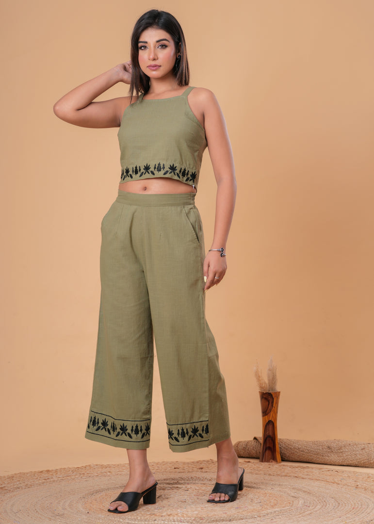 Sencei Olive Green Cotton Slub Embroidered Co-ord Set