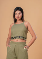 Load image into Gallery viewer, Sencei Olive Green Cotton Slub Embroidered Co-ord Set

