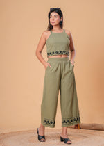 Load image into Gallery viewer, Sencei Olive Green Cotton Slub Embroidered Co-ord Set
