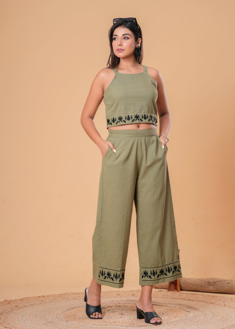 Sencei Olive Green Cotton Slub Embroidered Co-ord Set