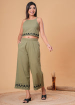 Load image into Gallery viewer, Sencei Olive Green Cotton Slub Embroidered Co-ord Set
