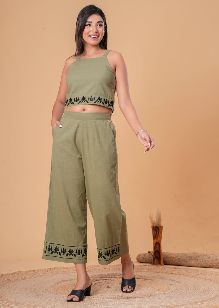 Sencei Olive Green Cotton Slub Embroidered Co-ord Set