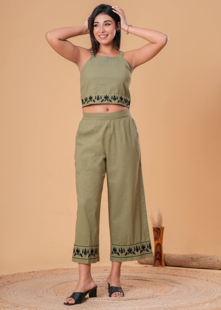 Sencei Olive Green Cotton Slub Embroidered Co-ord Set