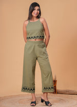 Load image into Gallery viewer, Sencei Olive Green Cotton Slub Embroidered Co-ord Set
