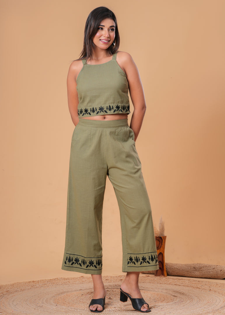 Sencei Olive Green Cotton Slub Embroidered Co-ord Set