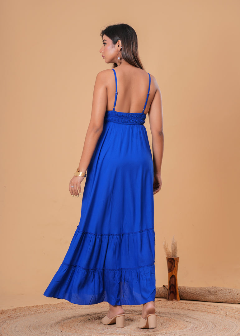 Sencei Women’s Royal Blue Embroidered Rayon Tiered Maxi Dress