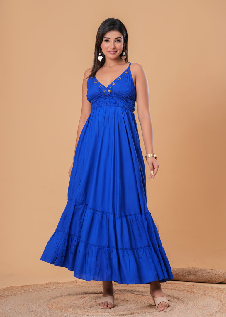 Sencei Women’s Royal Blue Embroidered Rayon Tiered Maxi Dress