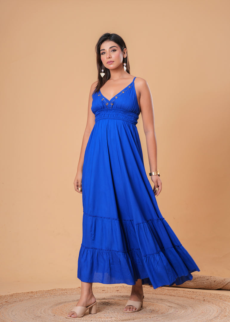 Sencei Women’s Royal Blue Embroidered Rayon Tiered Maxi Dress