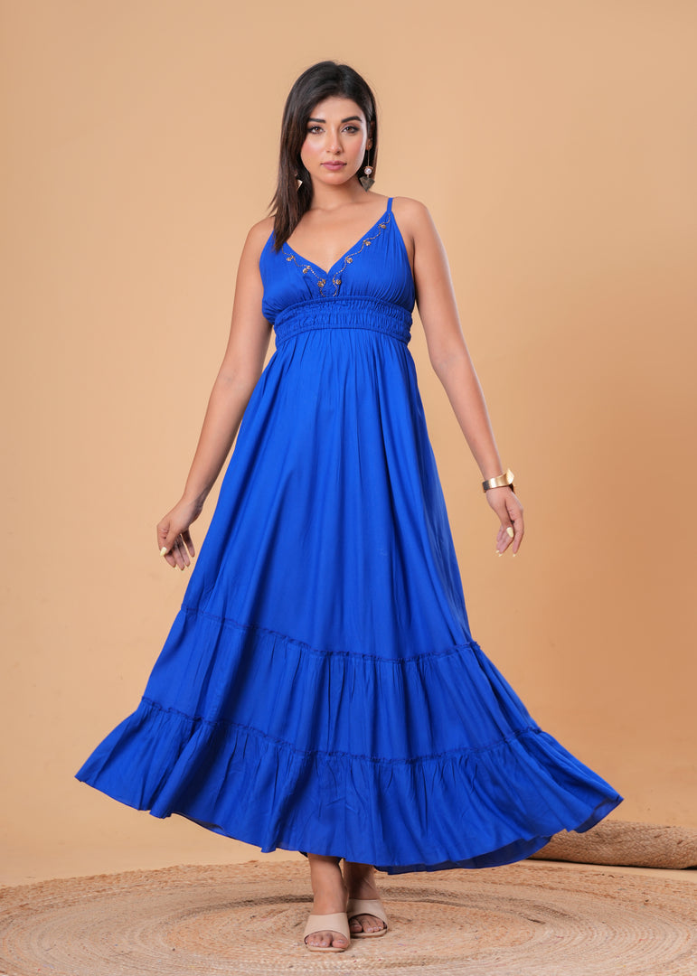 Sencei Women’s Royal Blue Embroidered Rayon Tiered Maxi Dress