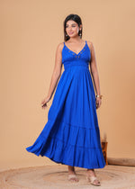 Load image into Gallery viewer, Sencei Women’s Royal Blue Embroidered Rayon Tiered Maxi Dress
