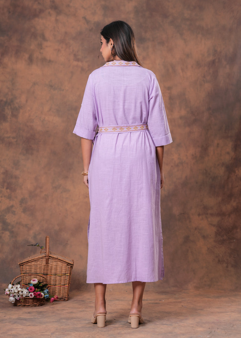 Sencei Lavender Cotton Slub Embroidered Belted Midi Shirt Dress