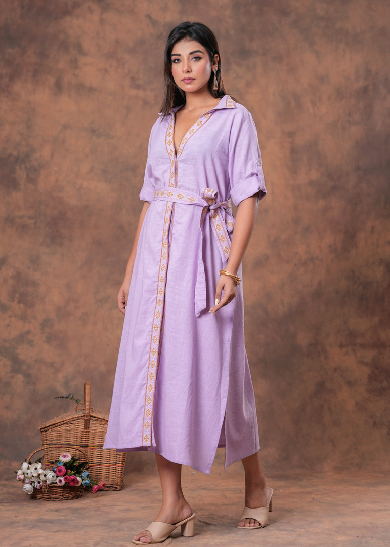 Sencei Lavender Cotton Slub Embroidered Belted Midi Shirt Dress