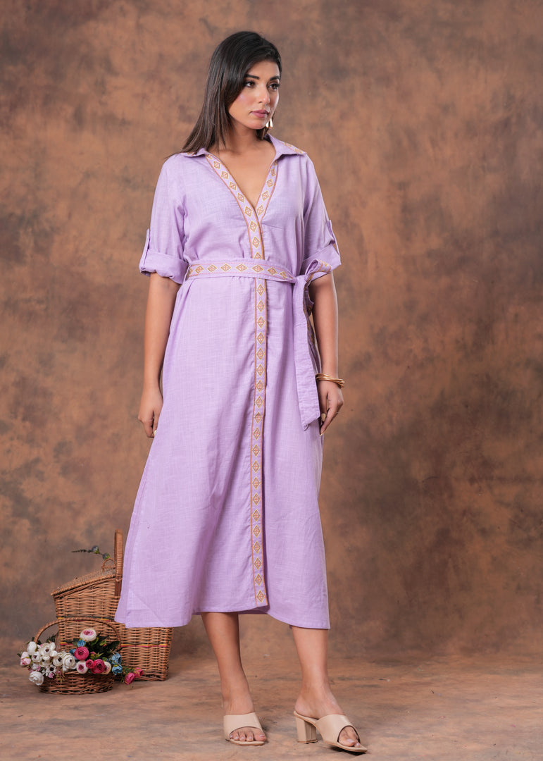 Sencei Lavender Cotton Slub Embroidered Belted Midi Shirt Dress